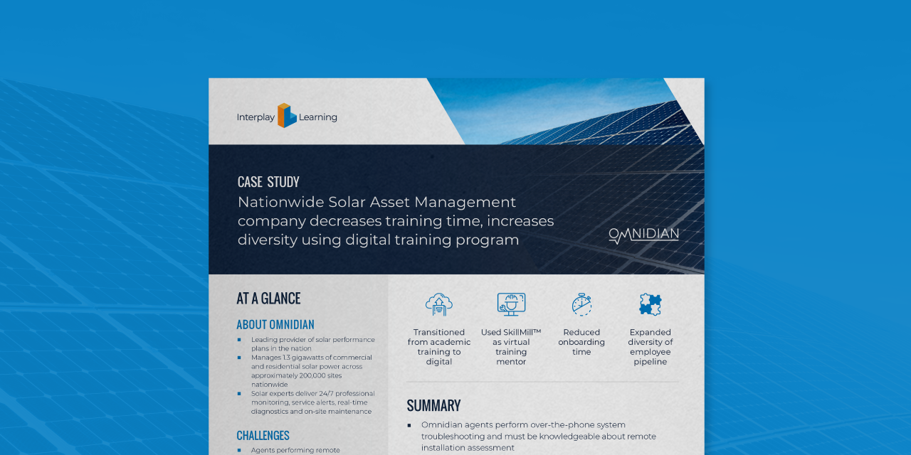 A snapshot of a case study on a Solar Company descreasing training time wiht Interplay Learning's training program