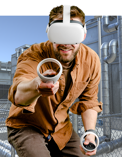 A man wearing a virtual reality headset, holding a controller using it for online hvac training