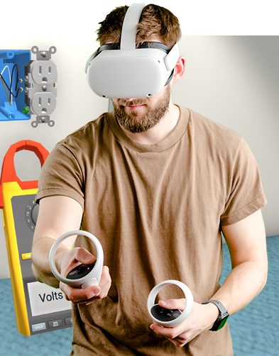 A man in a brown shirt using a virtual reality device for electrical training