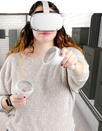 A woman using a virtual reality headset for faclities maintenance training