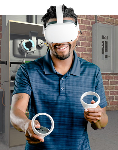 A man doing 3D simulation-based HVAC training with a VR headset