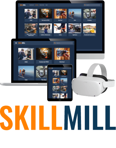 A laptop, tablet, desktop, and VR headset displaying the Skillmill application