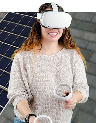 A woman using a virtual reality headset for solar technician training