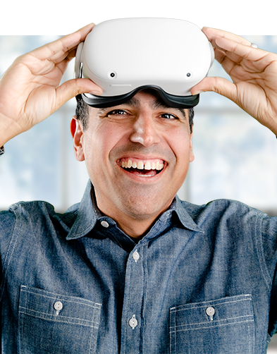 A man wearing a virtual reality headset who is using it for skilled trades training