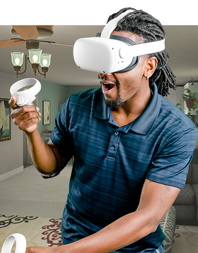 A man using VR headset in living room for workforce development training in skilled trades