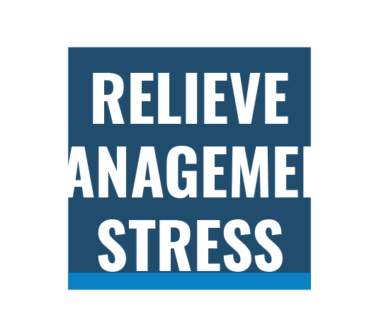 A blue and white icon with the words Believe Management Stress