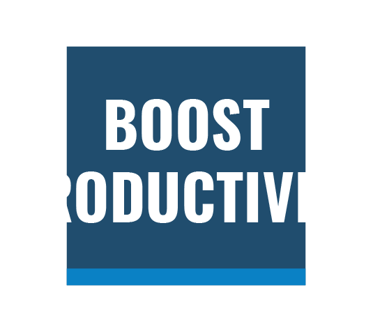 A blue square with the words Boost Productivity
