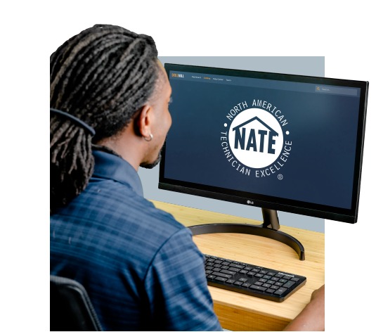 A man with dreadlocks sitting infront of a computer that displaying certification course for NATE Certified HVAC Professionals