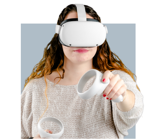 A woman using a VR headest for online multi-family maintenance training