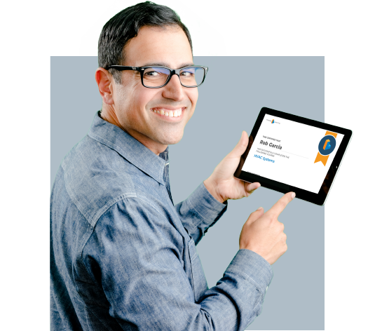 A man holding up a table in his hands displaying a HVAC training certifiecation