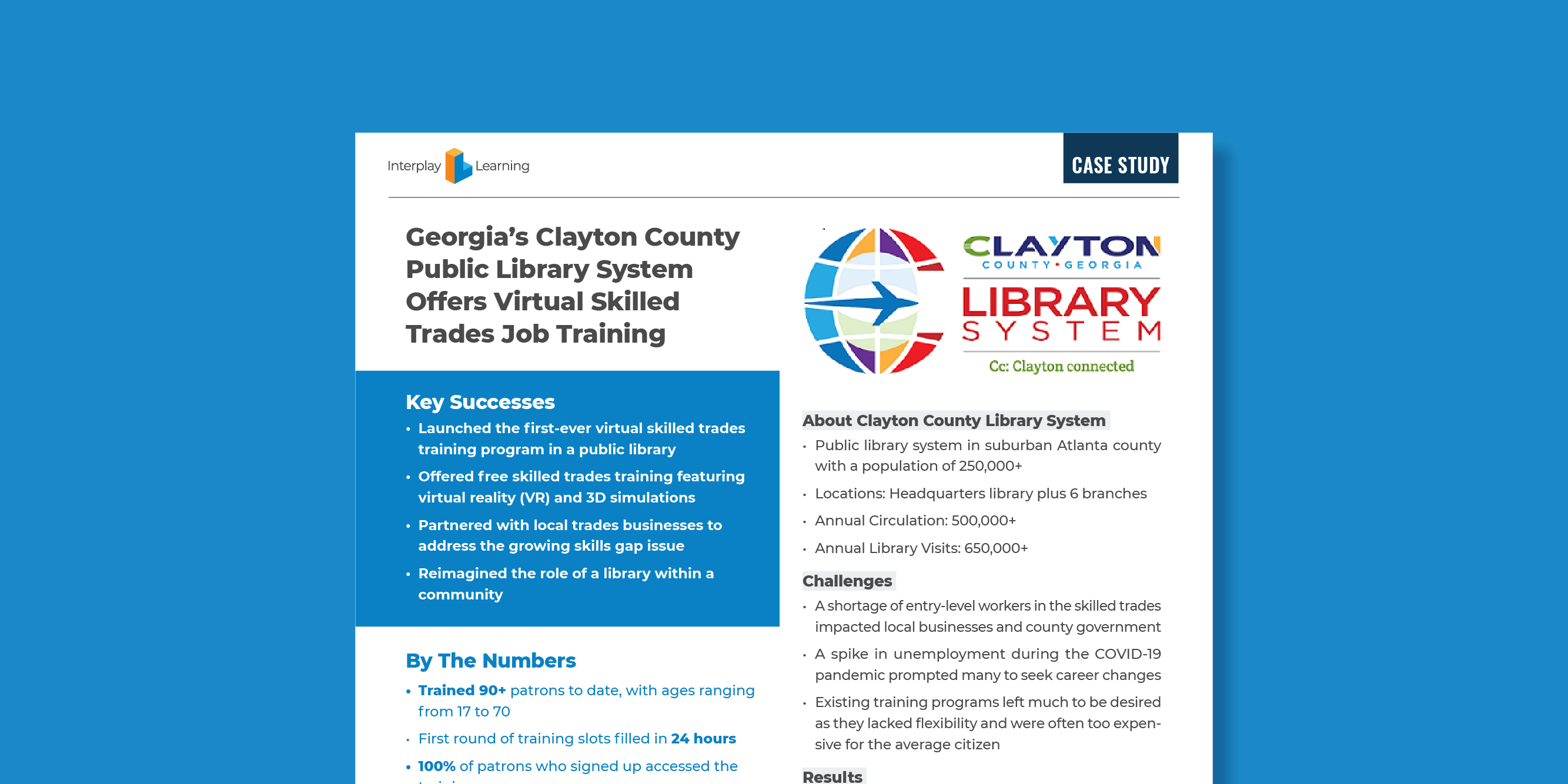 A snapshot of a case study on Clayon County Library offering virtual skilled trades job training