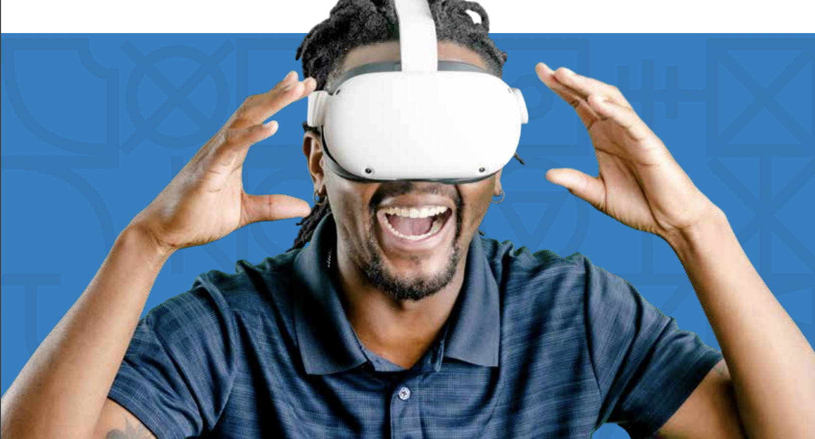 A man in a blue shirt wearing a virtual reality headset using it for skilled trades training