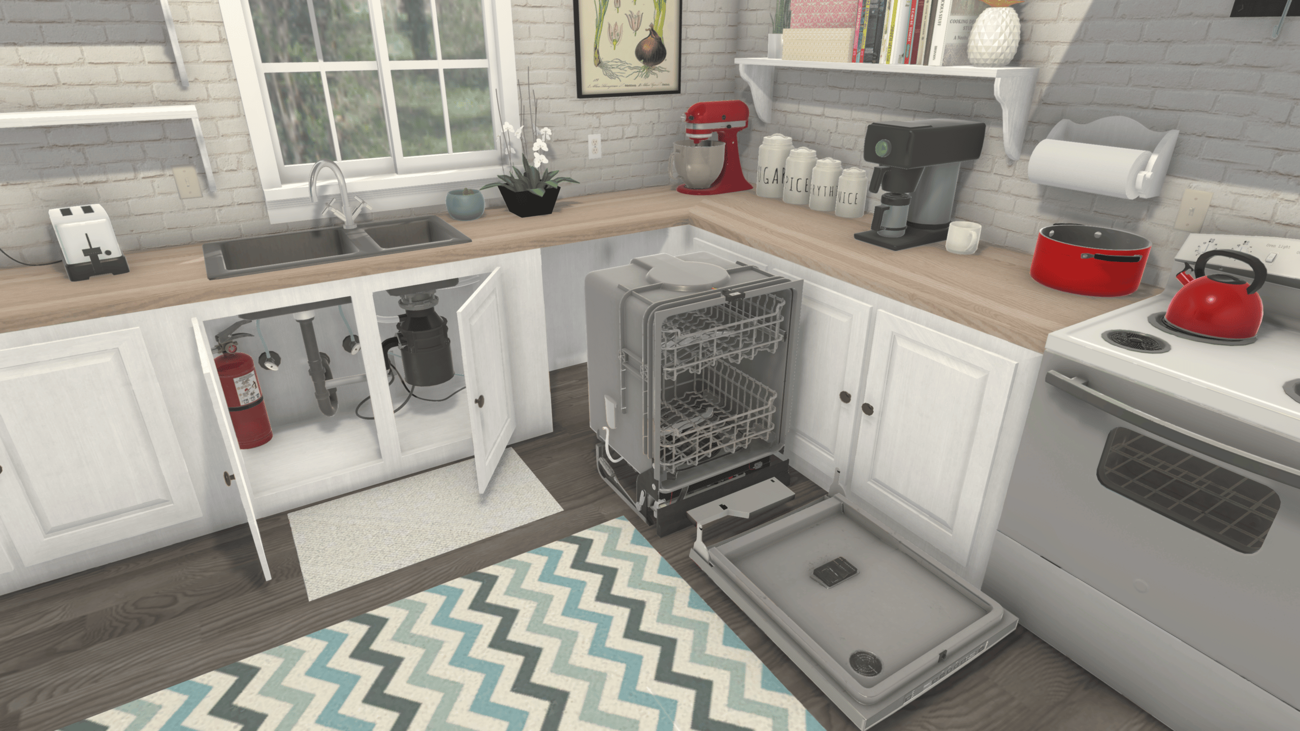 A kitchen with a stove, dishwasher, and oven.