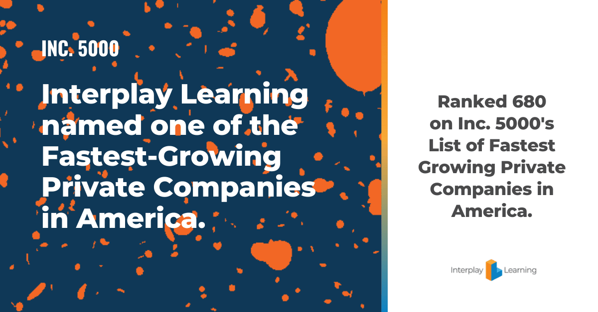 A blue and orange brochure with the words "Interplay Learning Named One of the Fastest Growing Private Companies in America."