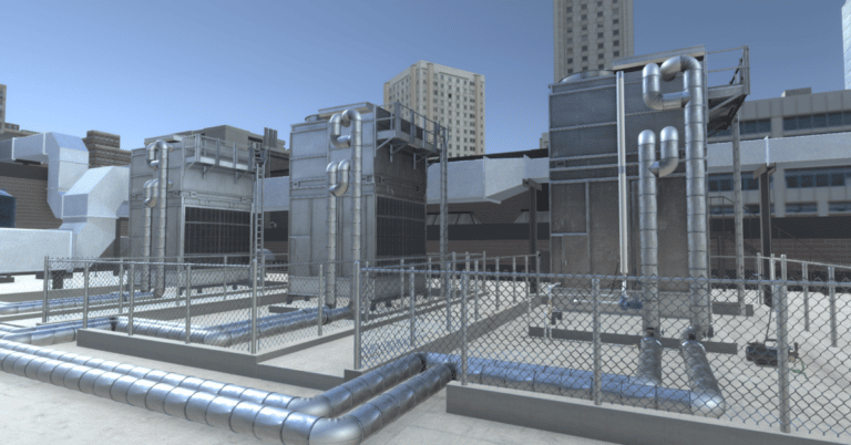 A 3D simulation of a commercial HVAC unit on top of a building