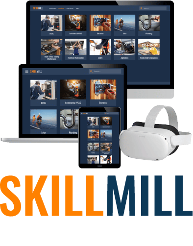 A laptop, tablet, desktop, and VR headset displaying the Skillmill application