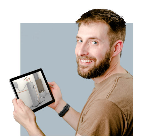 A man with a beard holding a tablet that displays Interplay's online plumbing training course