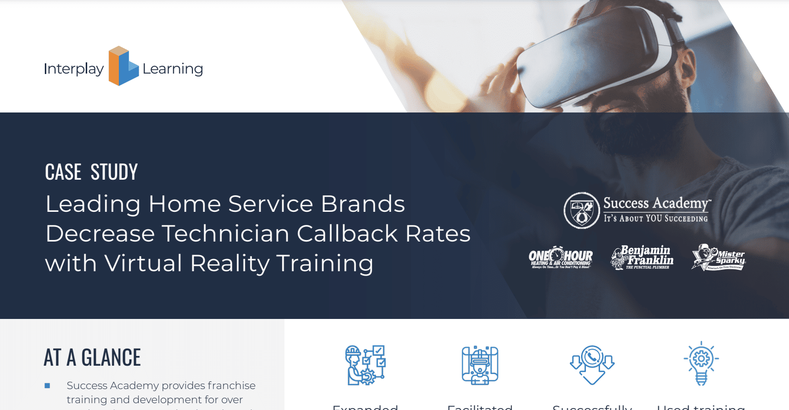 A snapshot of a case study discussing descreasing technician callback rates with virtual reality training for hom service brands