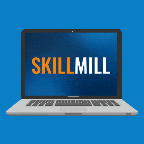 A laptop displaying the SkillMill logo