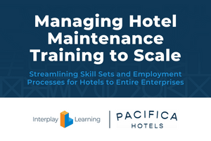 A white and blue banner with the words Managing Hotel Maintenance Training to Scale from Pacifica Hotels