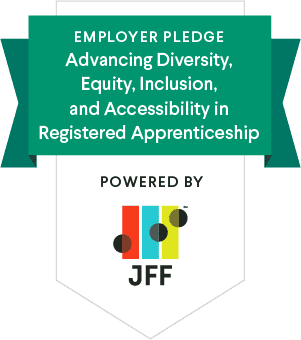 A badge with the words Employee Pledge: Advancing Diversity, Equity, Inclusion, and Accessibility by JFF.