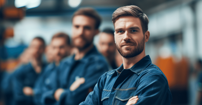 A Group of Male Technicians Standing in a Line