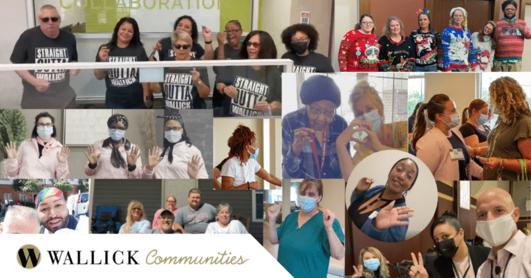 A collage of pictures of employees with masks from Wallick Communities