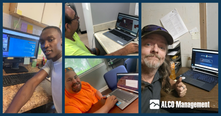 A collage of employees from ALCO Management company sitting at a desk with laptops and working on the Interplay Learning App