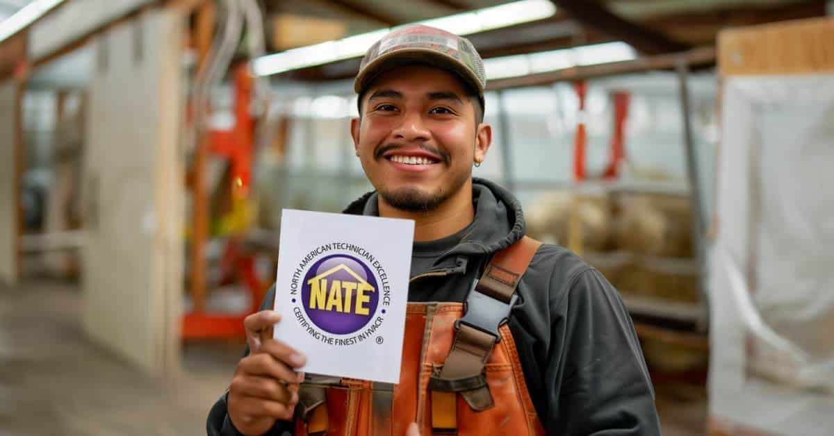 student holding up completed NATE certificate