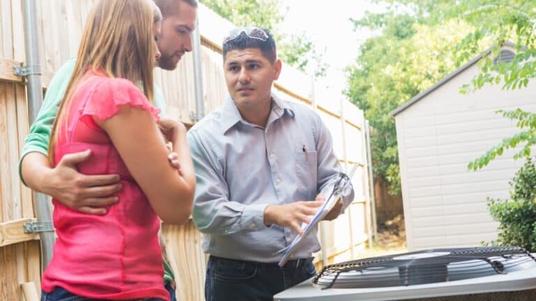 A man and a woman standing next to an air conditioner with an Interplay Learning Expert explaining to them