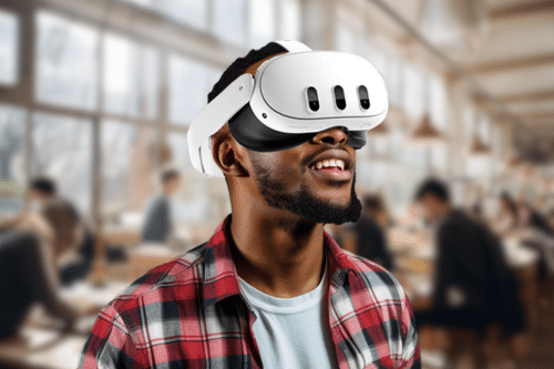 A man usinga VR headset for simulation training to bridge the gap between theory and practice