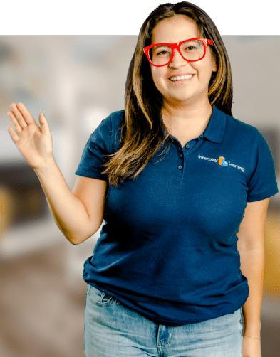 An Interplay Learning Expert woman in a blue shirt and red glasses.
