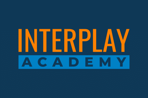 An Orange and Blue Logo With the Words Interplay Academy