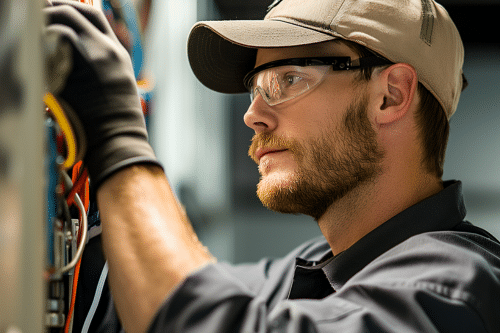 A facilities maintenance technician in a hat and glasses working on a machine while using safety training practices