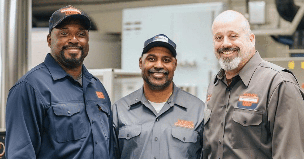 A Group of Three Male Technicians Standing Next to Each Other