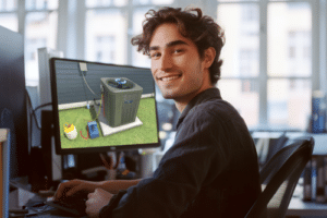 A Man Sitting in Front of a Computer Monitor, Watching Ac Training Videos from Interplay