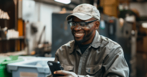 a man in a hat and glasses looking at a cell phone