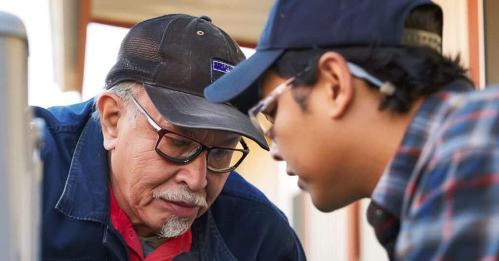 a man looking at a cell phone next to another man