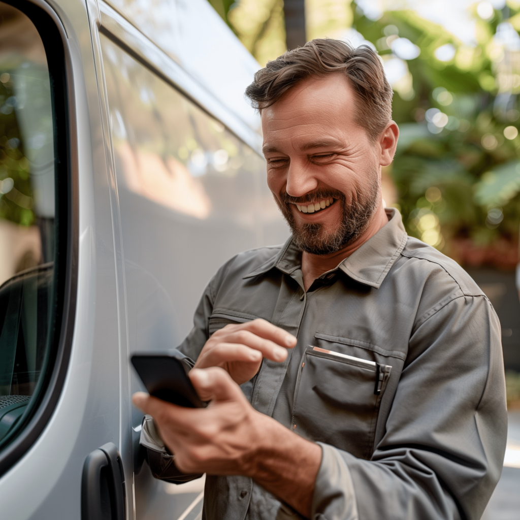 a man is smiling while looking at his cell phone