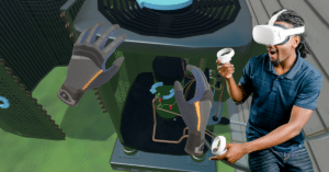 a man wearing a virtual reality headset and holding a controller