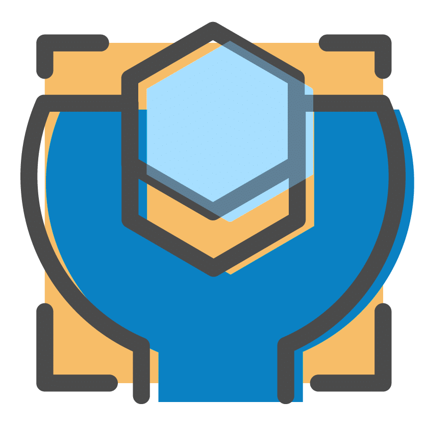 a blue and yellow logo with a hexagon