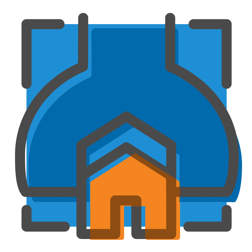 a blue and orange building with a house in the middle