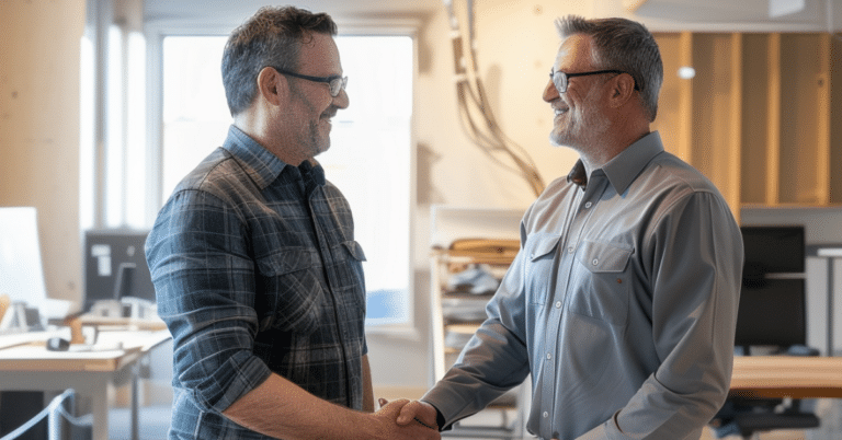 two men shaking hands in an office