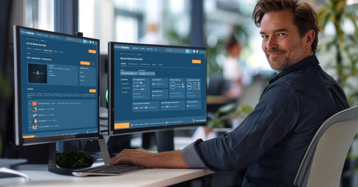 a man sitting in front of two computer monitors