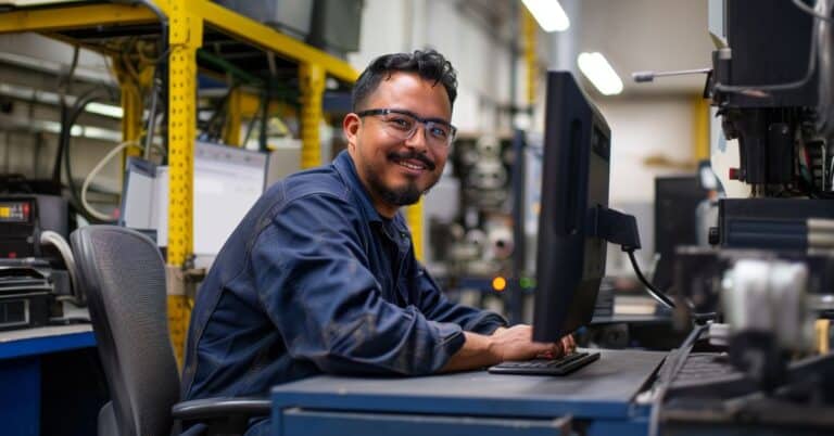 a man sitting at a computer in a factory