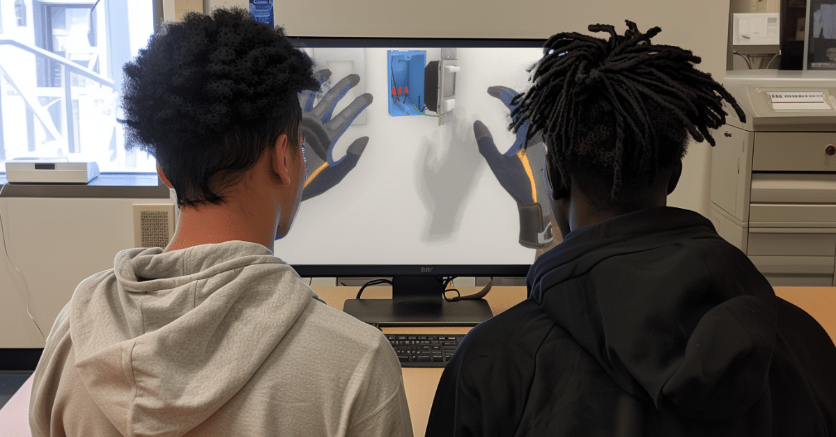 two people sitting in front of a computer monitor