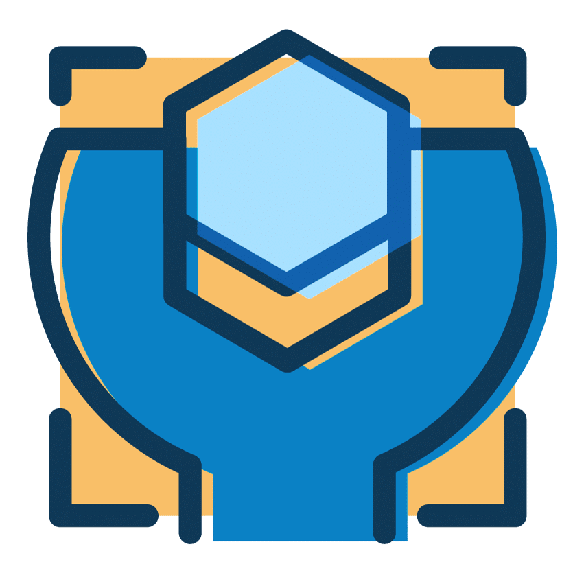 a blue and yellow logo with a hexagon in the center