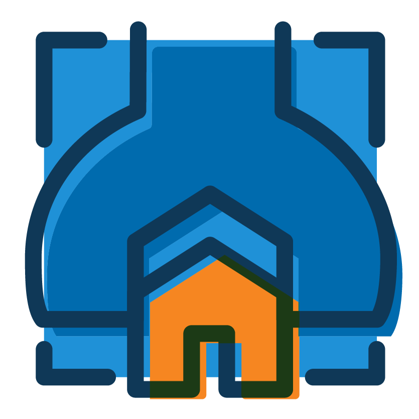a blue and orange house with a chimney