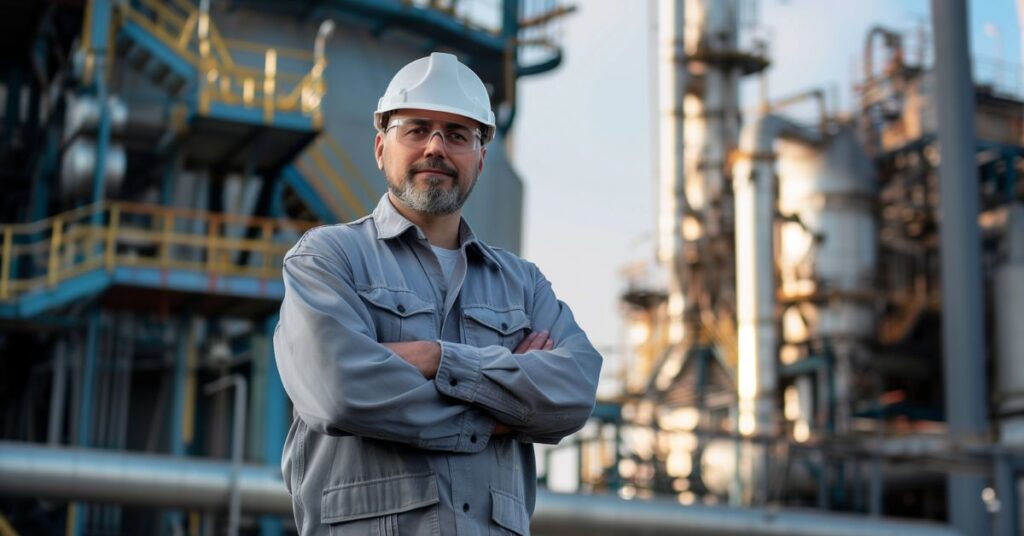 a man in a hard hat standing in front of a factory