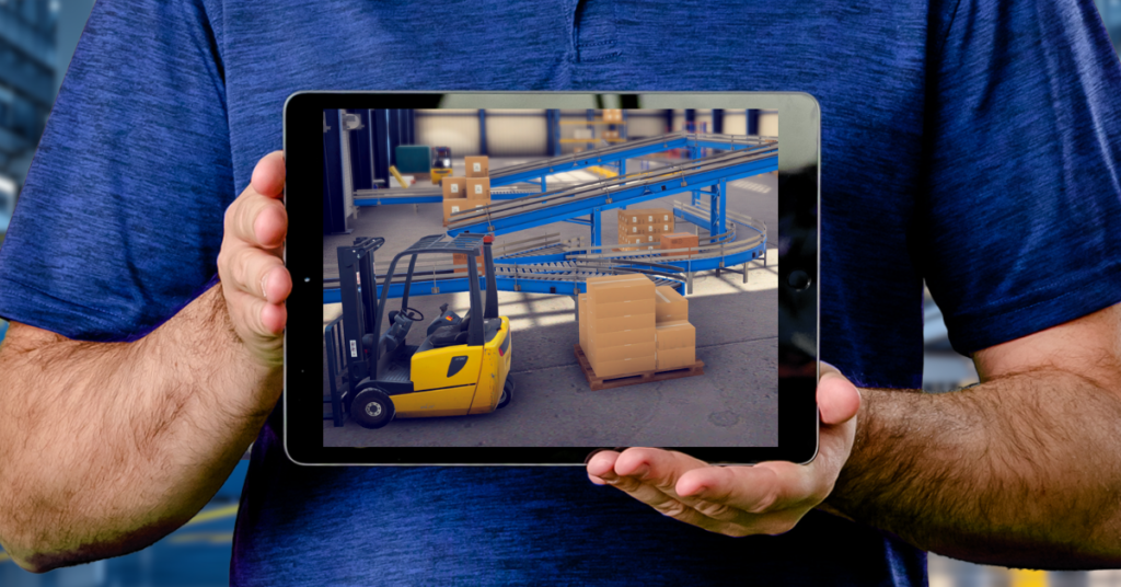 a man holding a tablet with a picture of a forklift